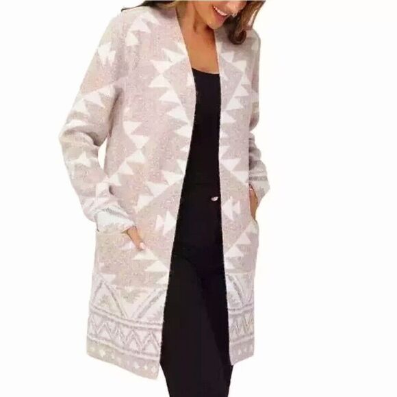 FRYE Women's S The Cozy Aztec Jacquard Luxe Open Front Cardigan Oatmeal Beige - Picture 3 of 6